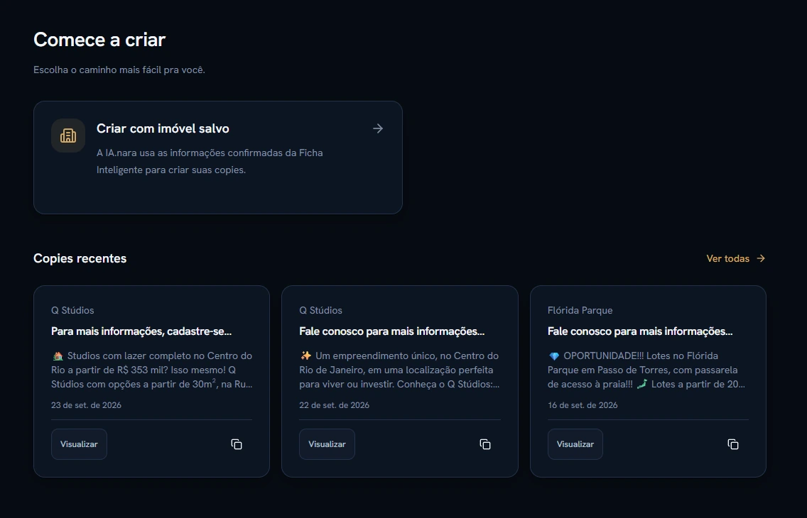 Área real para criar copy com um imóvel salvo na Ficha Inteligente.