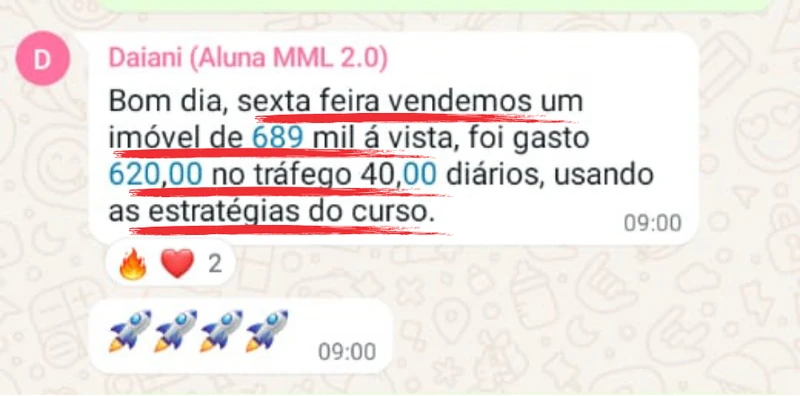 Relato sobre imóvel de R$ 689 mil vendido à vista, com R$ 620 investidos em tráfego.